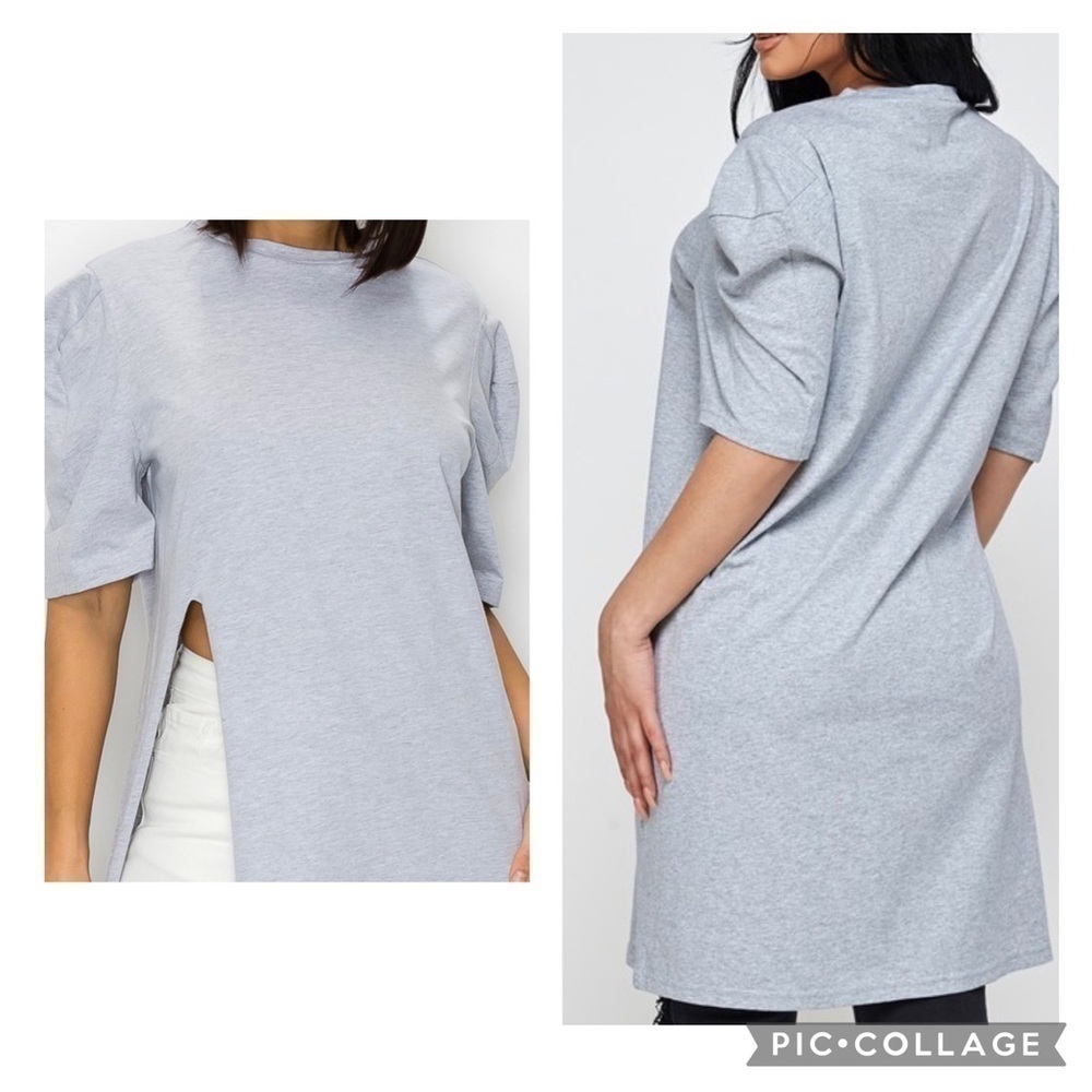 Heather Gray Long T-Shirt w/Puffy Shoulders - Picture 3 of 5
